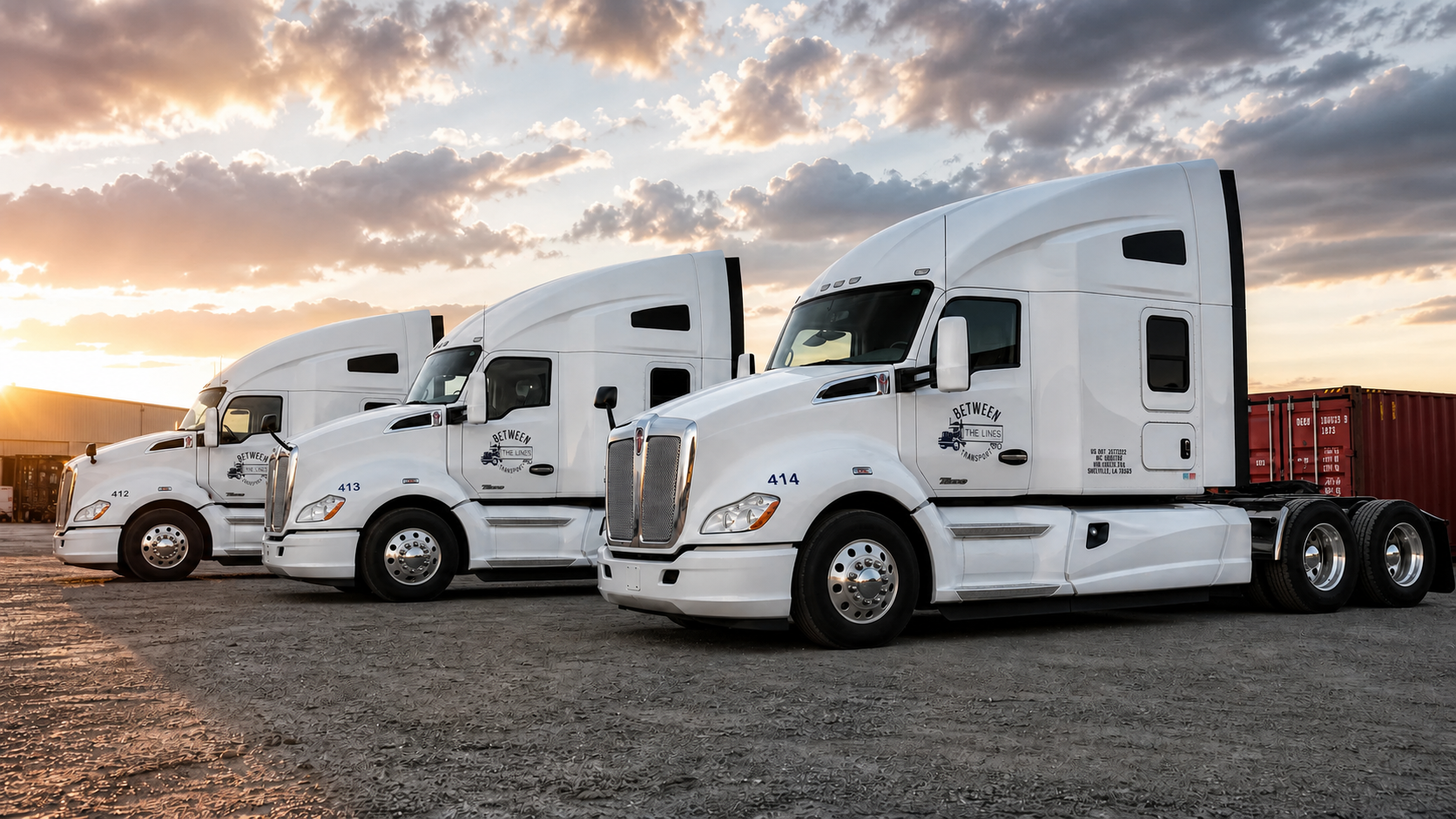 Between The Lines Transport fleet of white Kenworth trucks at sunset